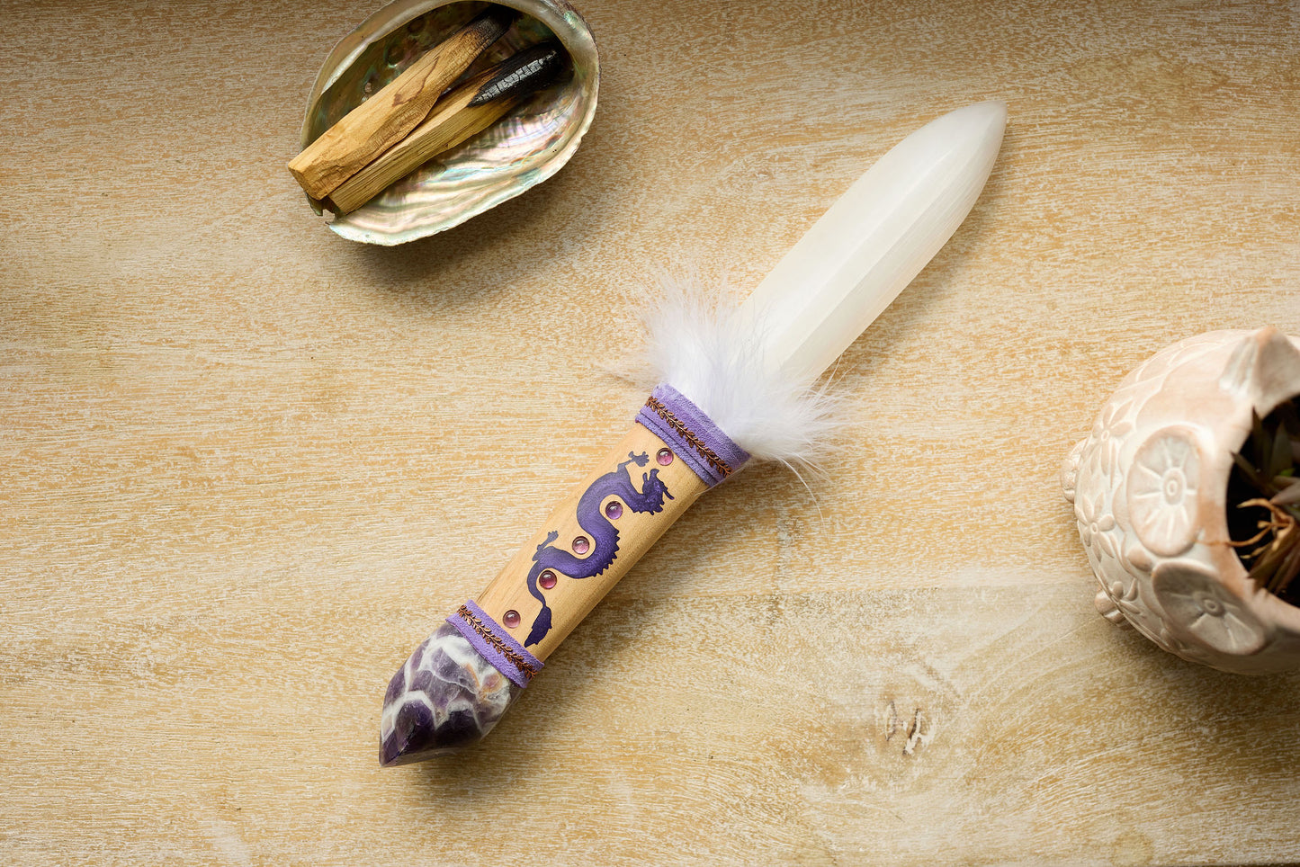 SELENITE ATHAME - SELENITE SWORD - DRAGON